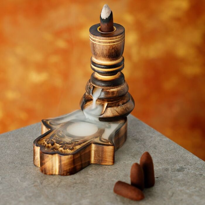 Puckator Hamsa Garden Carved Mango Wood Backflow Incense Burner